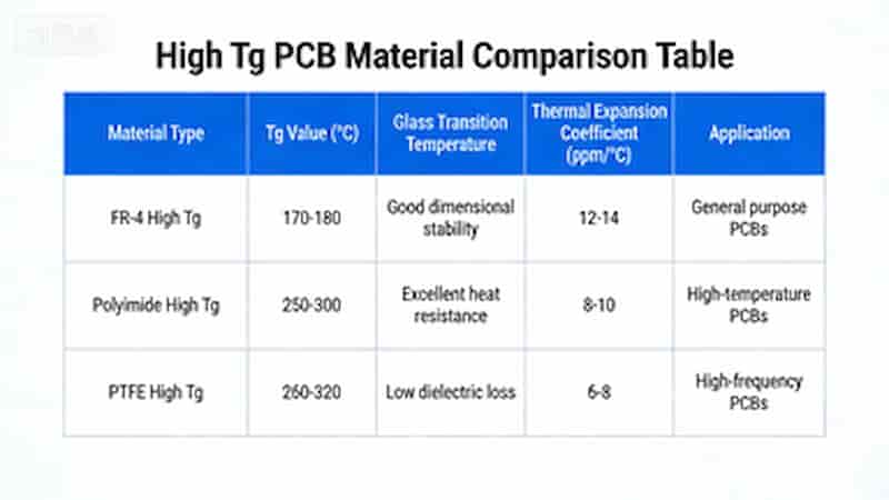 High Tg PCB material comparison table and performance data