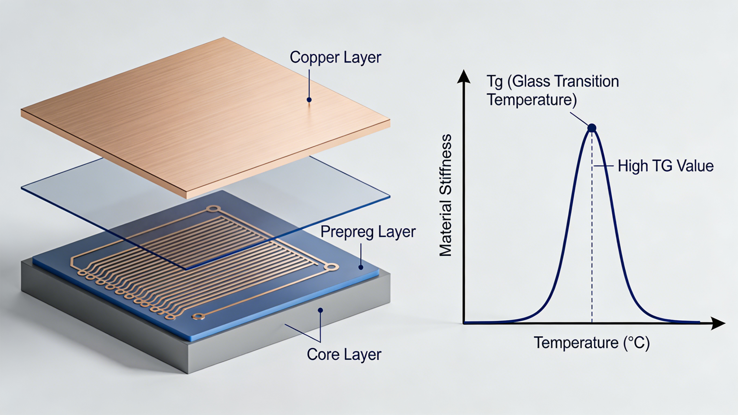 High TG PCB laminate structure and glass transition temperature diagram