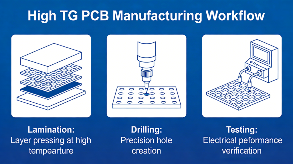 High TG PCB manufacturing lamination drilling testing process