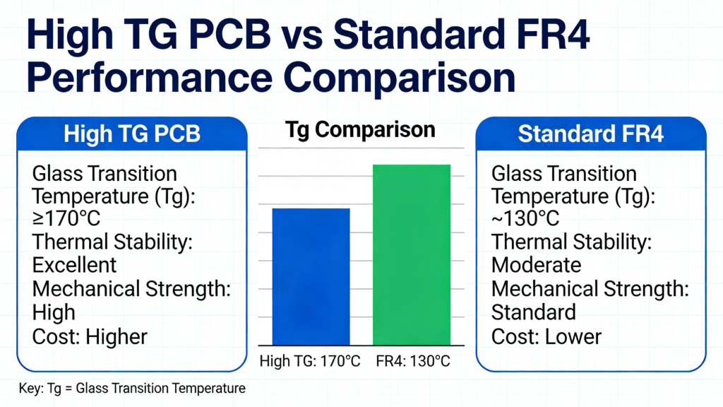High TG PCB vs standard FR4 performance comparison chart