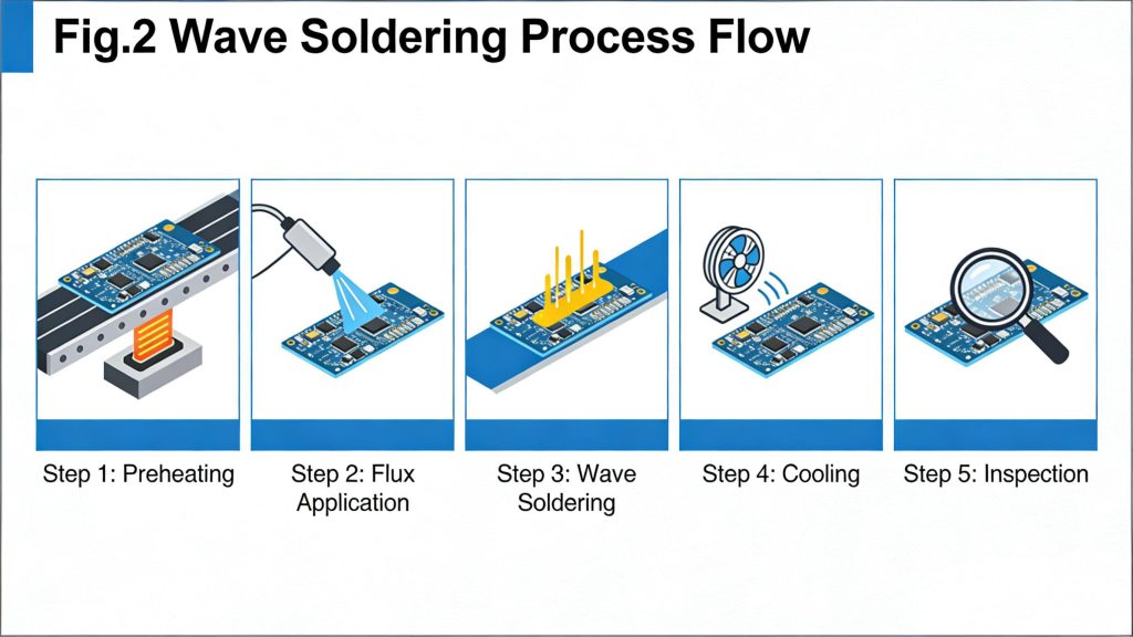 Wave soldering process flow for PCB through‑hole assembly