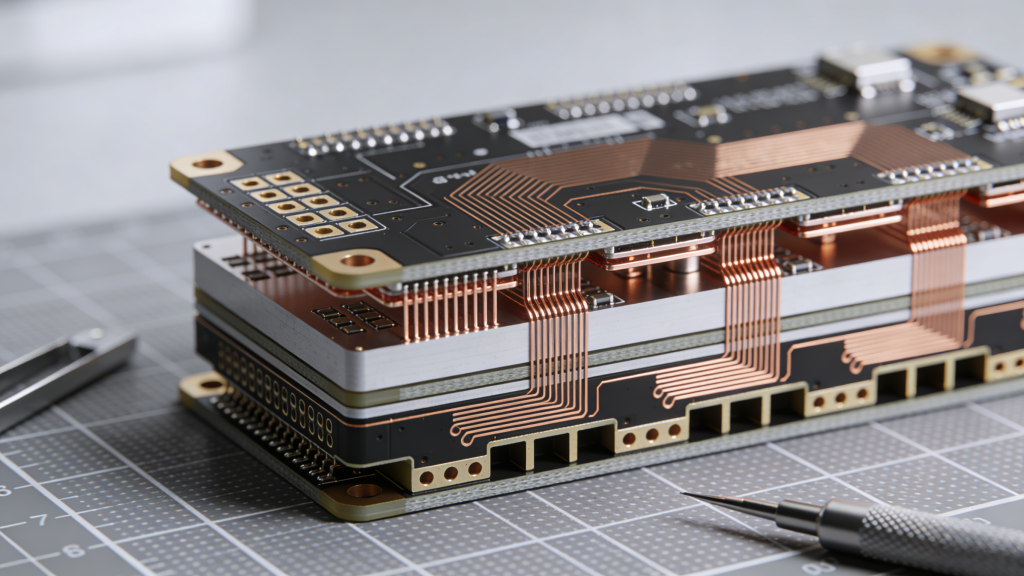 HDI PCB structure cross section with microvias and fine traces