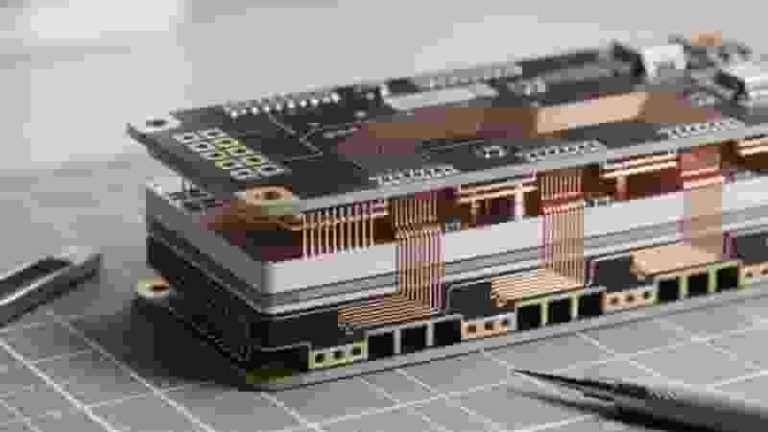 HDI PCB structure cross section with microvias and fine traces