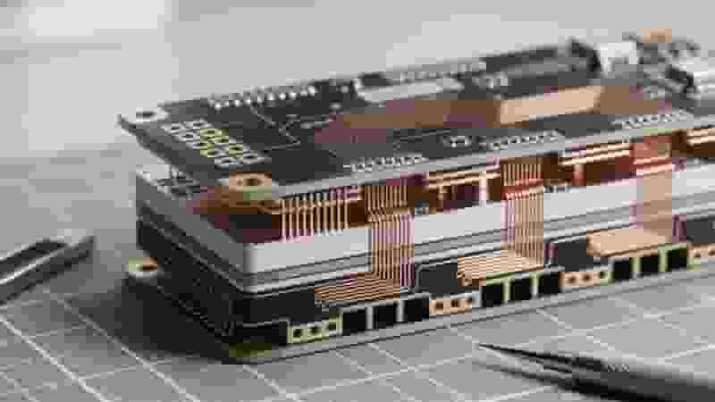 HDI PCB structure cross section with microvias and fine traces
