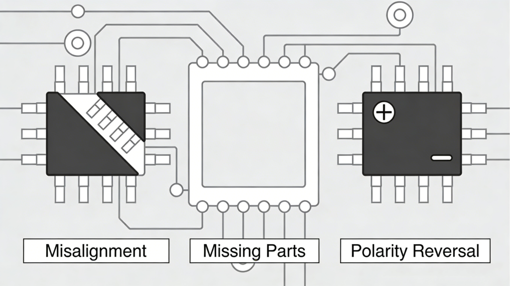 SMT Component Placement Defects: Misalignment, Missing Parts, Polarity Reversal