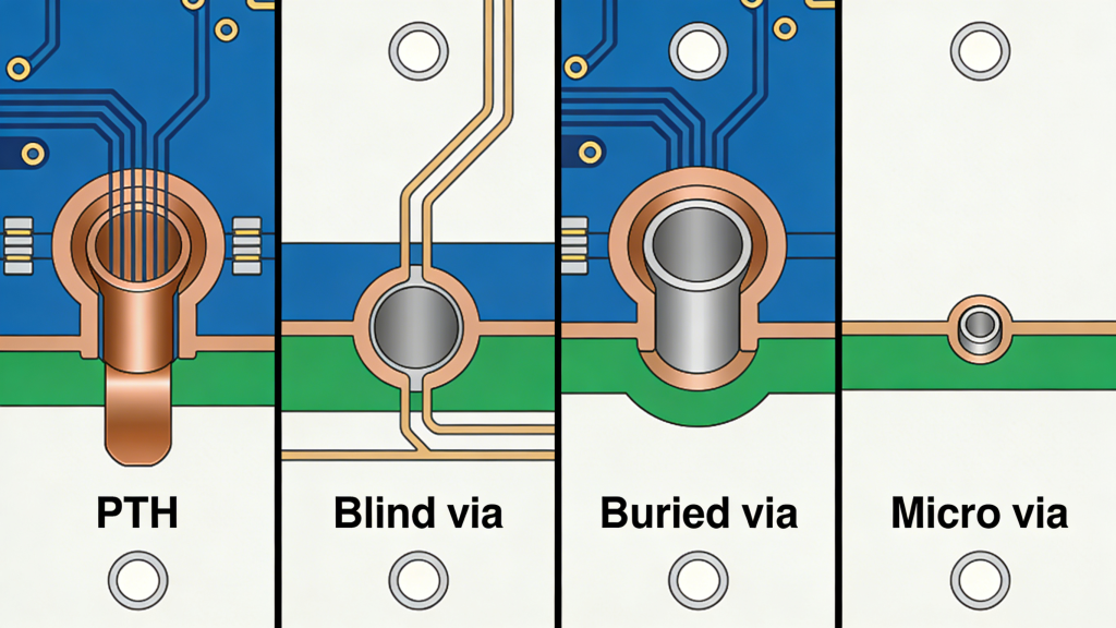 Comparison of PTH, blind, buried, and micro vias in PCB design