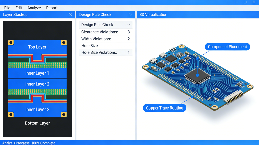 PCB DFM analysis software interface for design verification