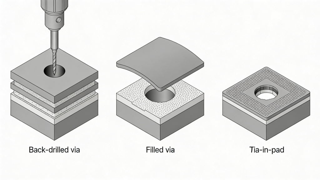 Advanced PCB via structures: back-drilled, filled, tented and via-in-pad