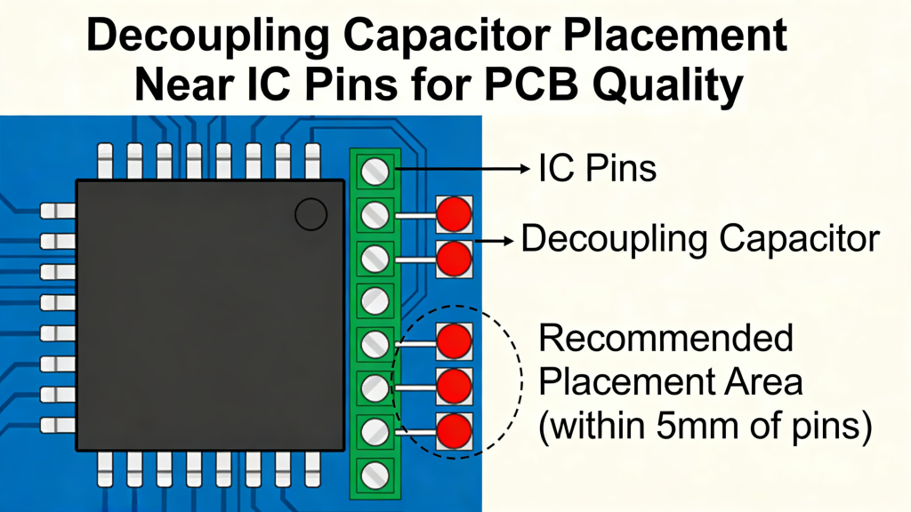 Decoupling capacitor placement near IC pins for PCB quality