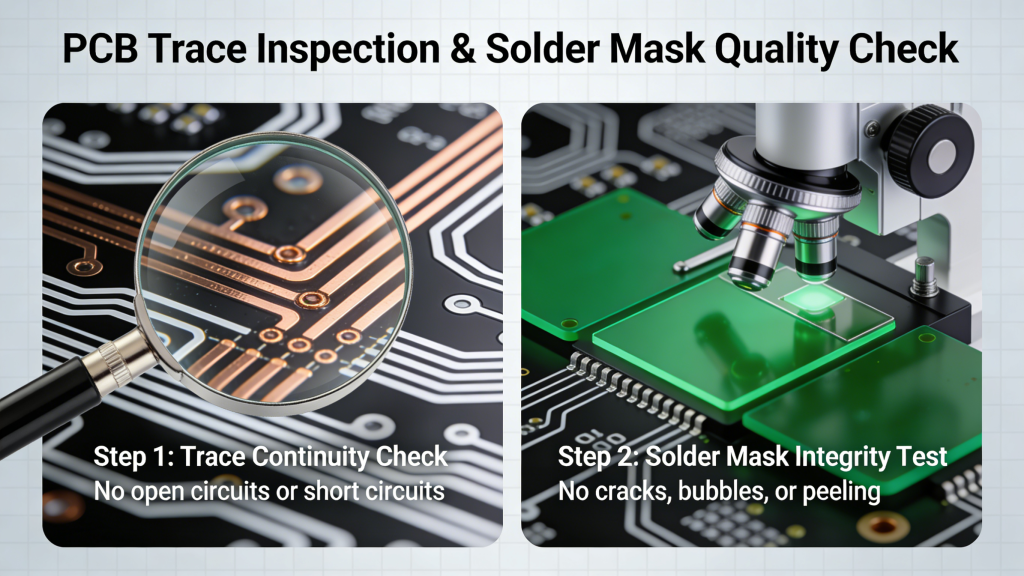 PCB trace inspection and solder mask quality check