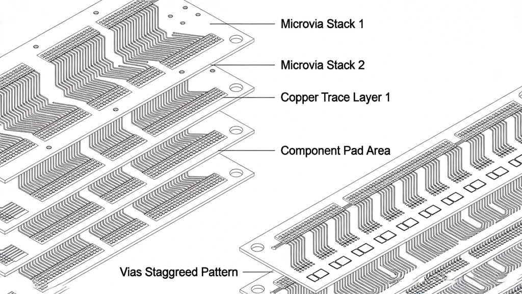 Stacked staggered microvia PCB HDI layout design