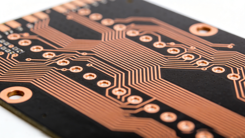 Bare PCB board with copper traces and solder pads