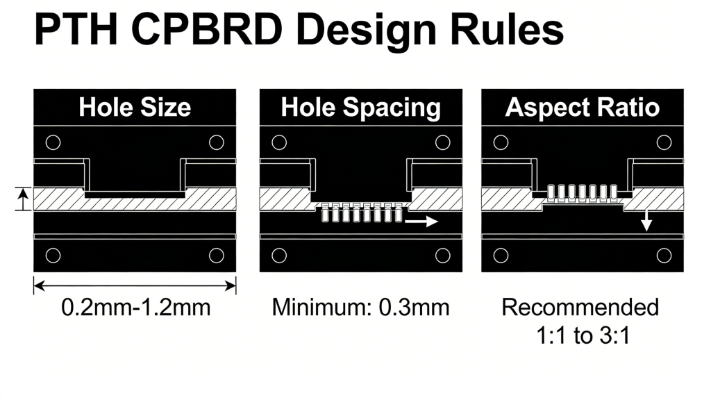 PTH PCB design rules hole size spacing aspect ratio