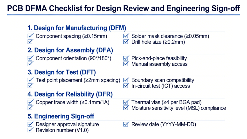 PCB DFMA checklist for design review and engineering sign-off