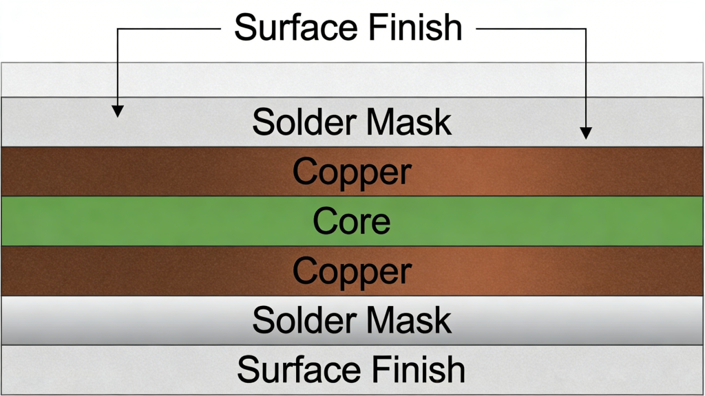 Double Sided PCB Stack Up - Core, Copper, Solder Mask, Surface Finish