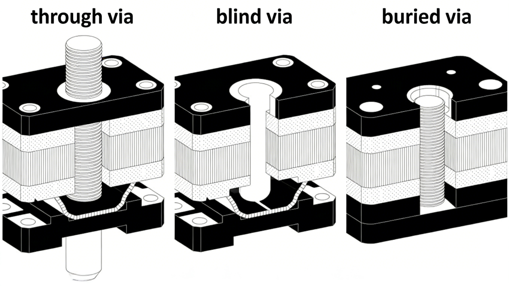 PCB via cross section structure through blind buried vias