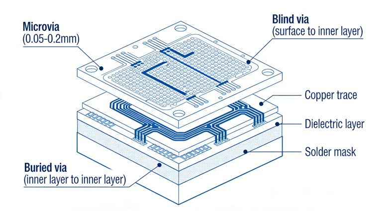 Microvia PCB structure showing blind and buried vias for HDI PCB