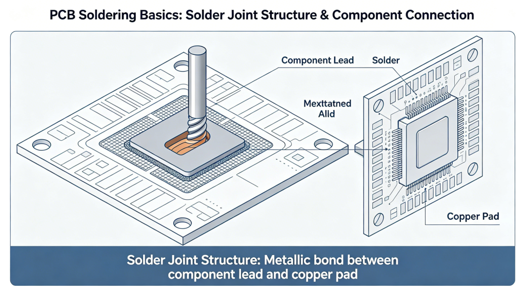 PCB soldering basics showing solder joint structure and component connection