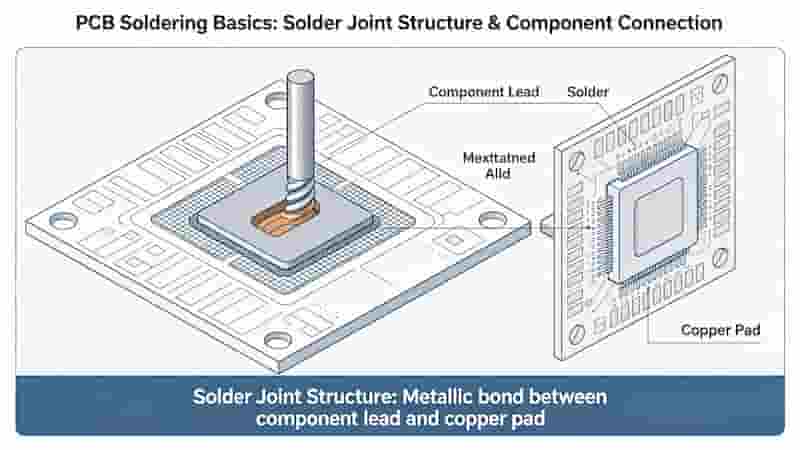 PCB soldering basics showing solder joint structure and component connection