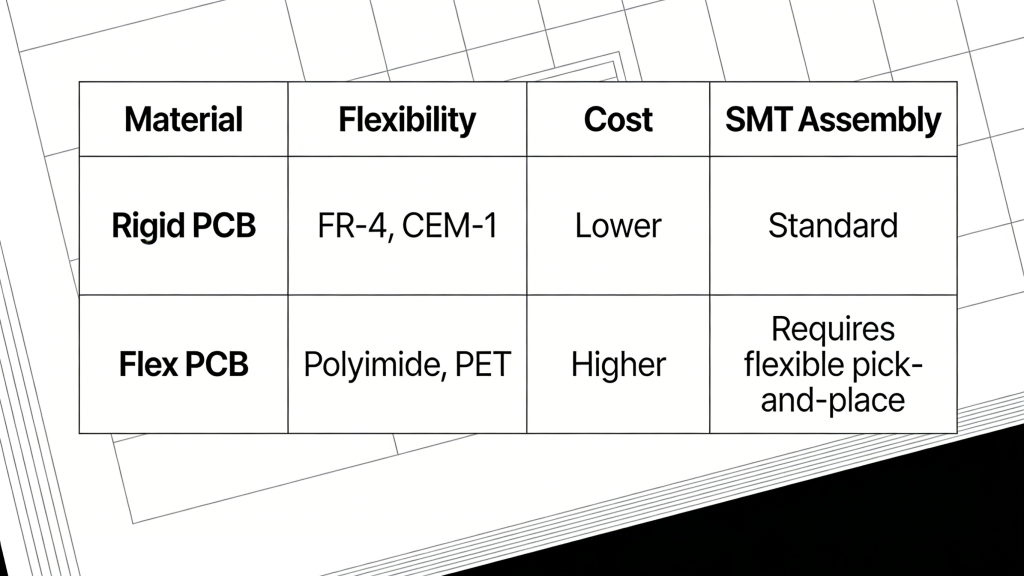 Rigid PCB vs Flex PCB comparison table materials flexibility cost