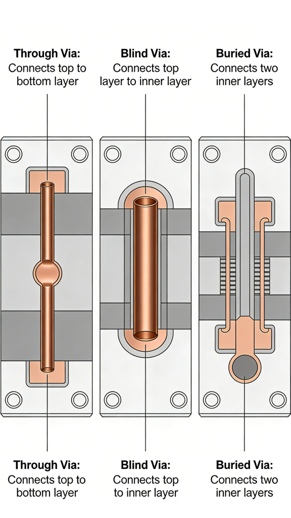 PCB via types overview: through, blind, buried vias structure diagram