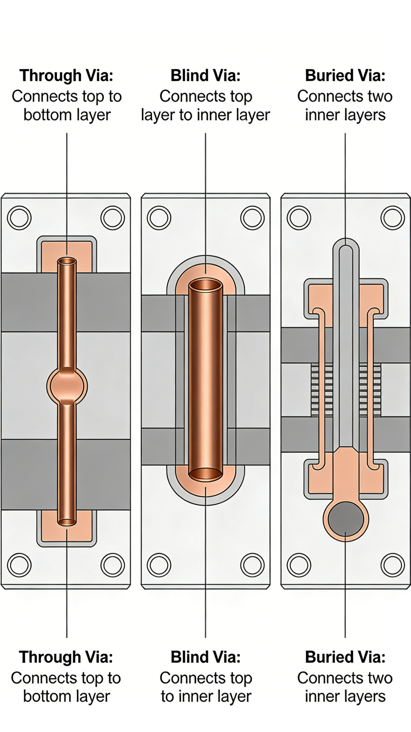 PCB via types overview: through, blind, buried vias structure diagram