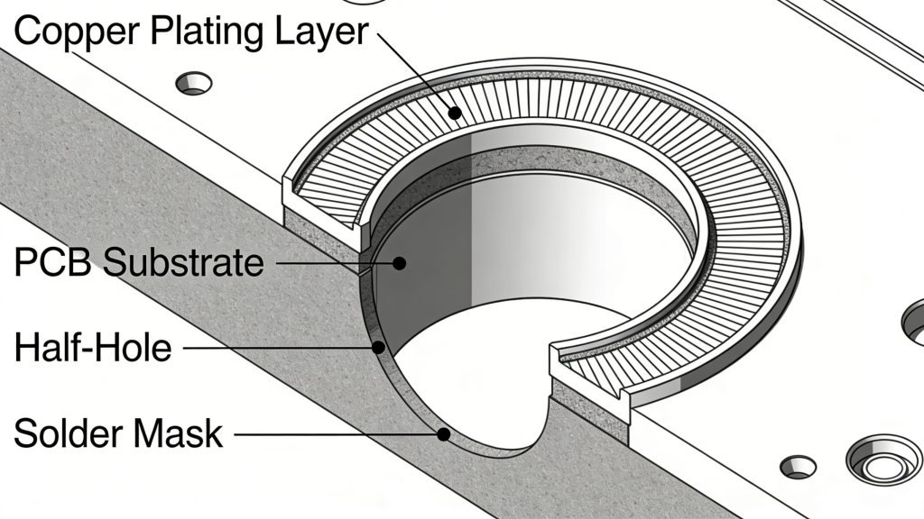 Cross Section of Plated Half-Hole - PCB Castellated Hole Internal Structure