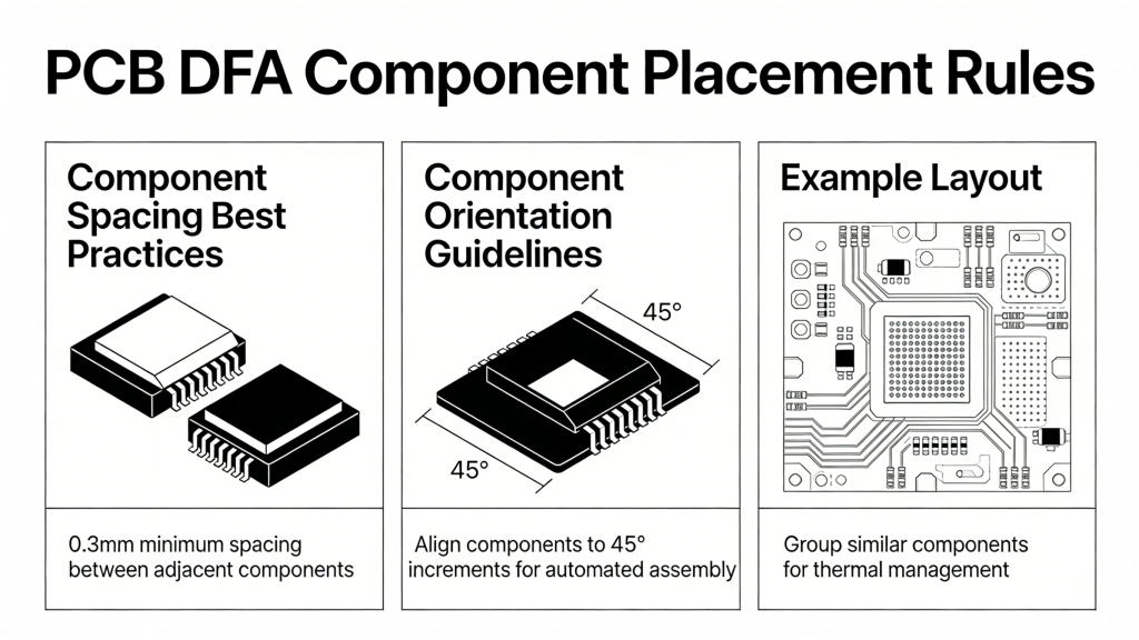 PCB DFA component placement rules showing spacing and orientation best practices