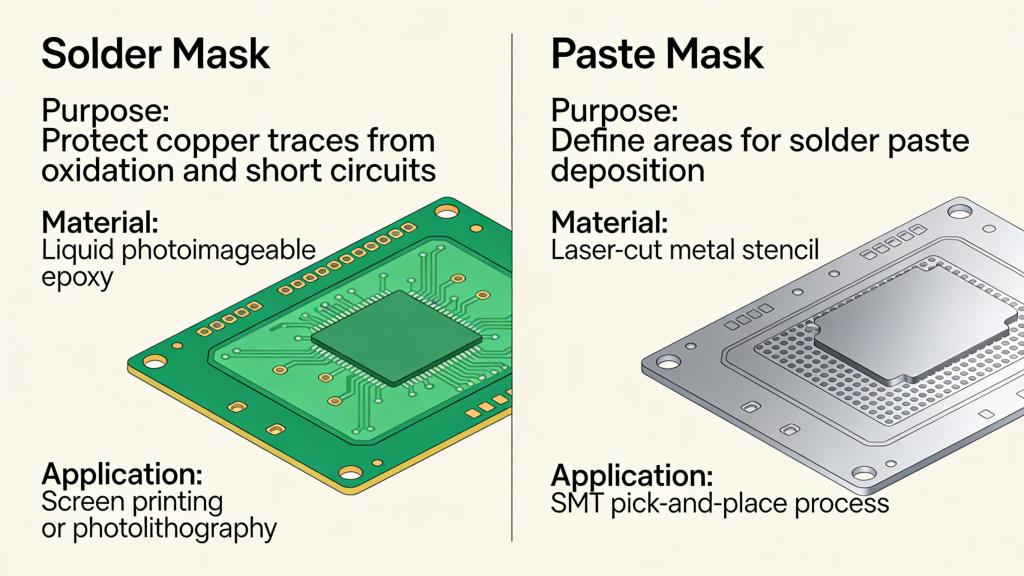 Solder Mask vs Paste Mask Comparison Diagram for PCB Assembly