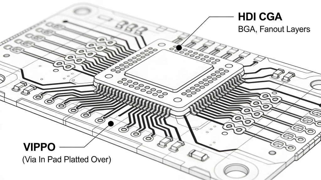 HDI PCB BGA Fanout with Dogbone and VIPPO Microvias