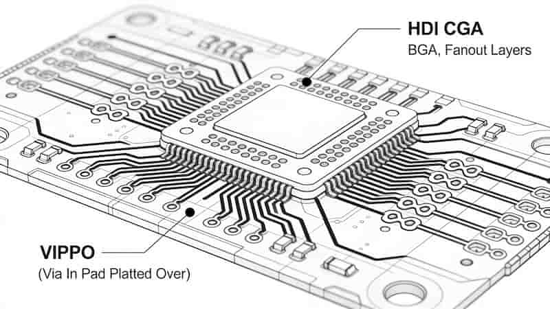 HDI PCB BGA Fanout with Dogbone and VIPPO Microvias