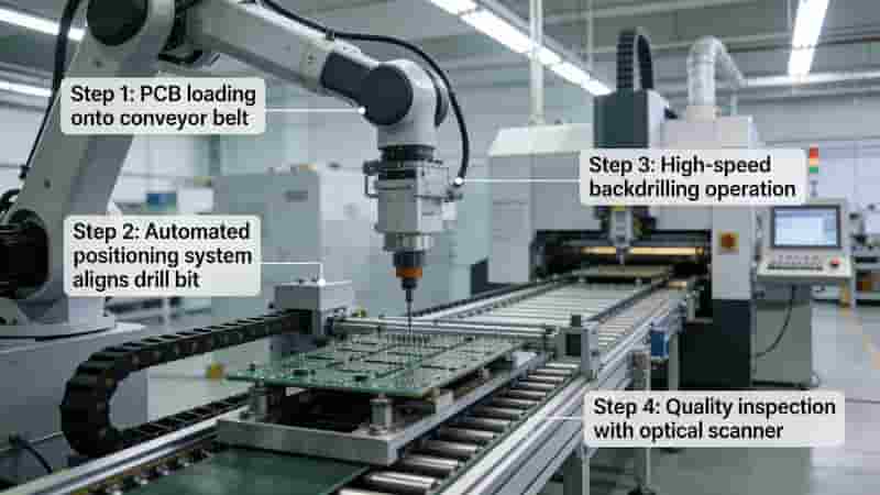 PCB board entering backdrilling process on conveyor equipment