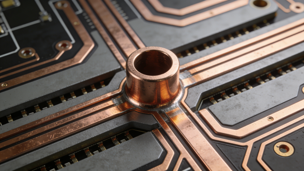 3D structure of plated through-hole PCB via connecting multilayer copper traces