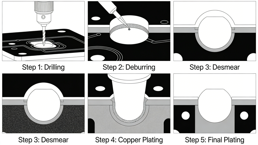 Step-by-step PCB via manufacturing process from drilling to plating