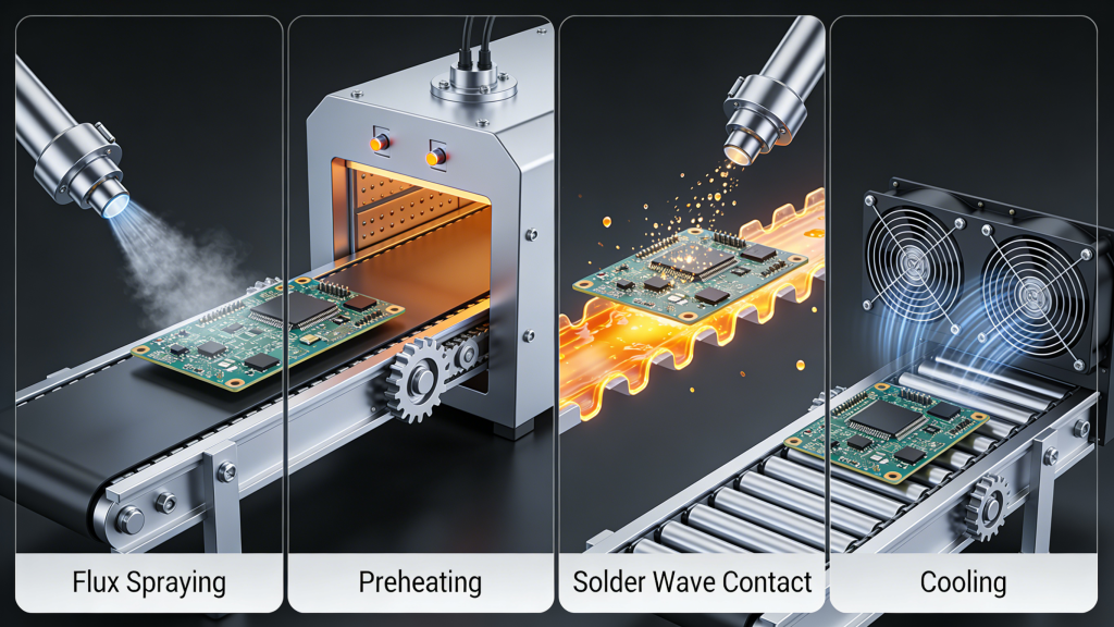 Wave soldering process diagram for PCB assembly