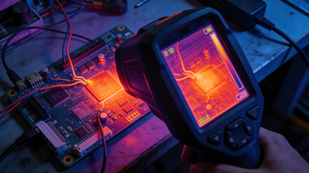 Thermal imaging detecting PCB short circuit hotspots