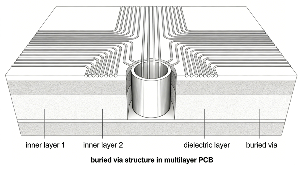 Buried via structure between inner layers of multilayer PCB