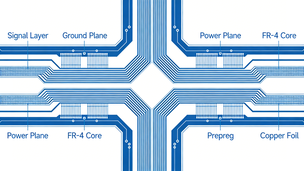 Multilayer PCB stackup cross section showing copper, dielectric, core and prepreg layers