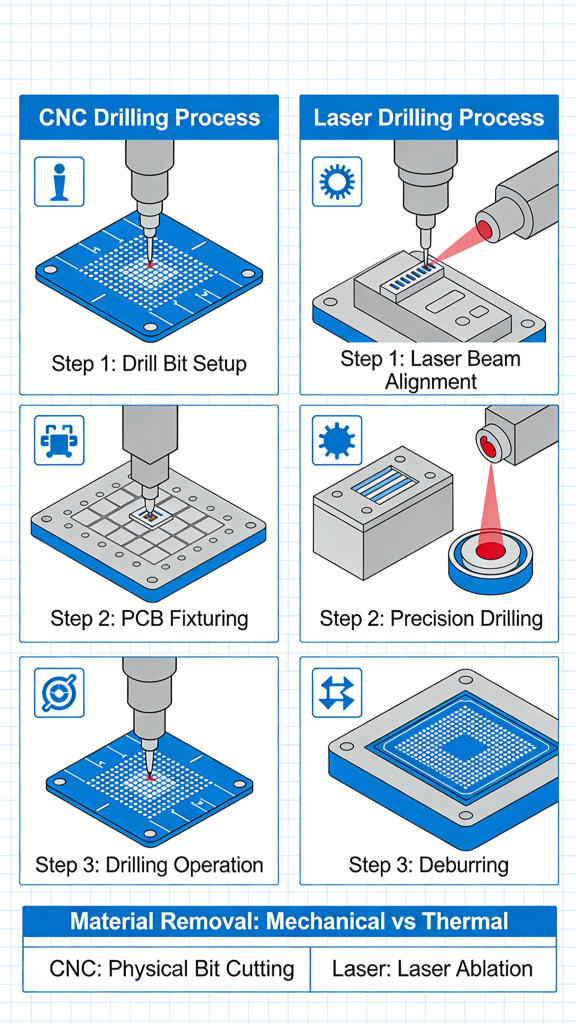 PCB CNC drilling vs laser drilling for via fabrication