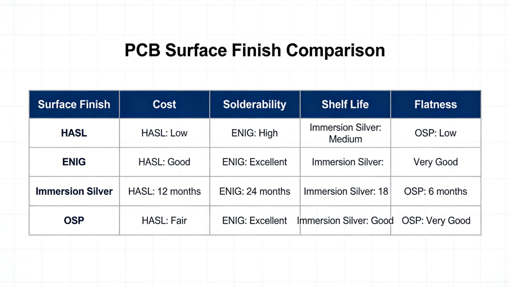 PCB surface finish comparison table cost solderability flatness