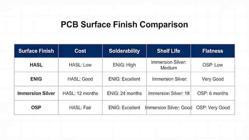PCB surface finish comparison table cost solderability flatness