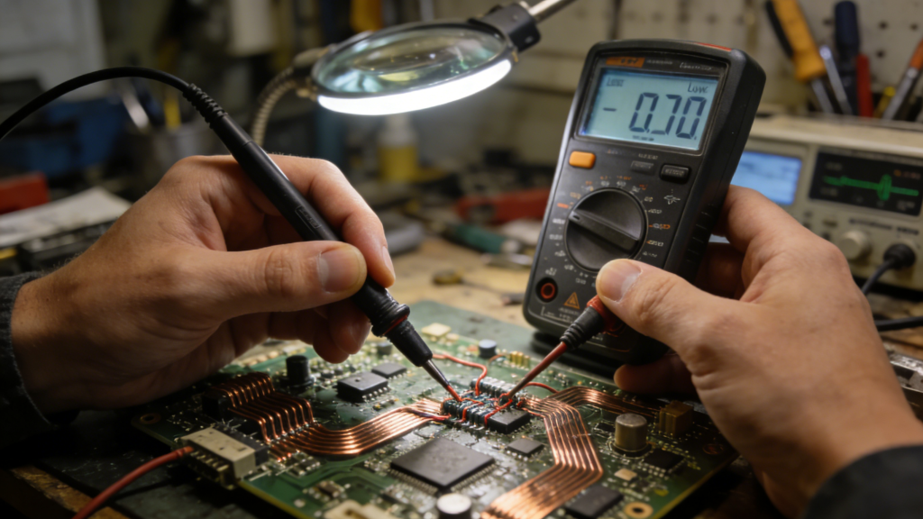 Multimeter testing PCB short circuit continuity resistance