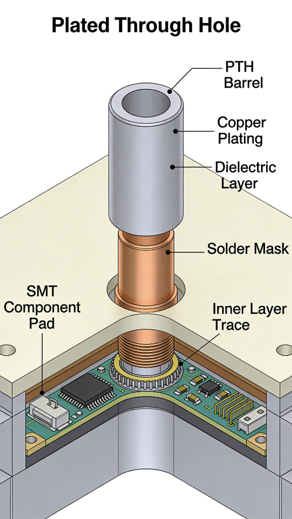 Plated through hole PTH structure in multilayer PCB