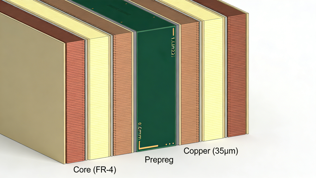 Basic structure of multilayer PCB core prepreg surface layers