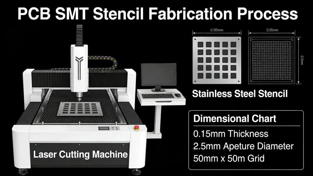 Laser cutting process for PCB SMT stencil precision fabrication