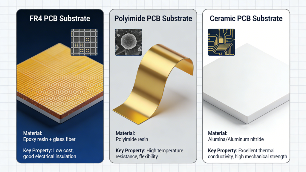 FR4 vs polyimide vs ceramic PCB material comparison chart