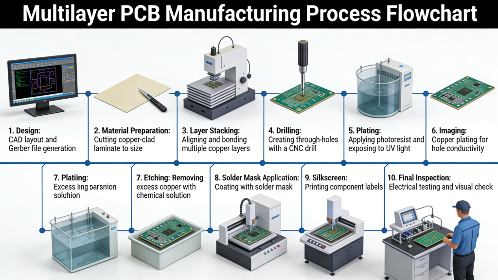 Multilayer PCB manufacturing process flowchart from design to final inspection