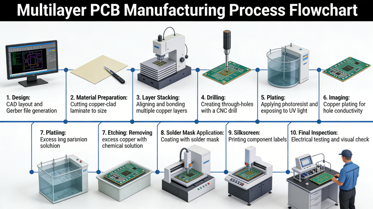 Multilayer PCB manufacturing process flowchart from design to final inspection