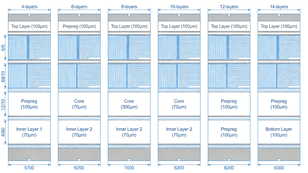 4 to 14 layer PCB stackup configurations and standard thickness chart