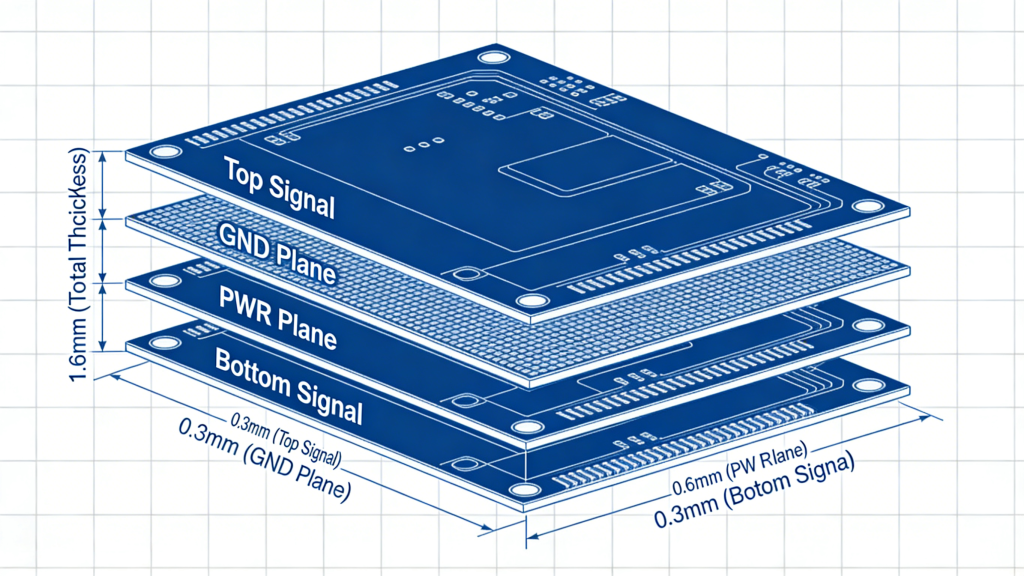 4 layer PCB stackup standard thickness 1.6mm configuration